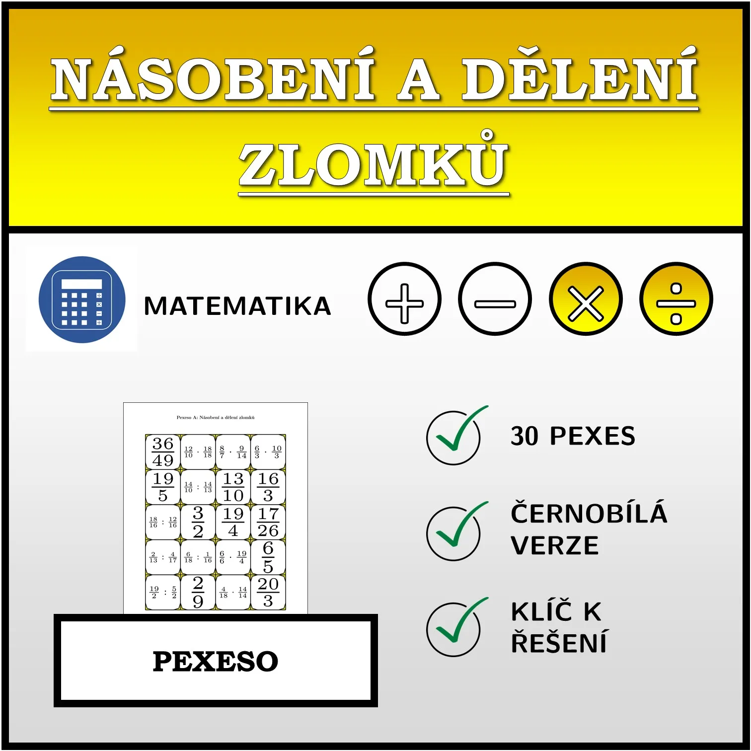 Pexeso: Násobení a dělení zlomků