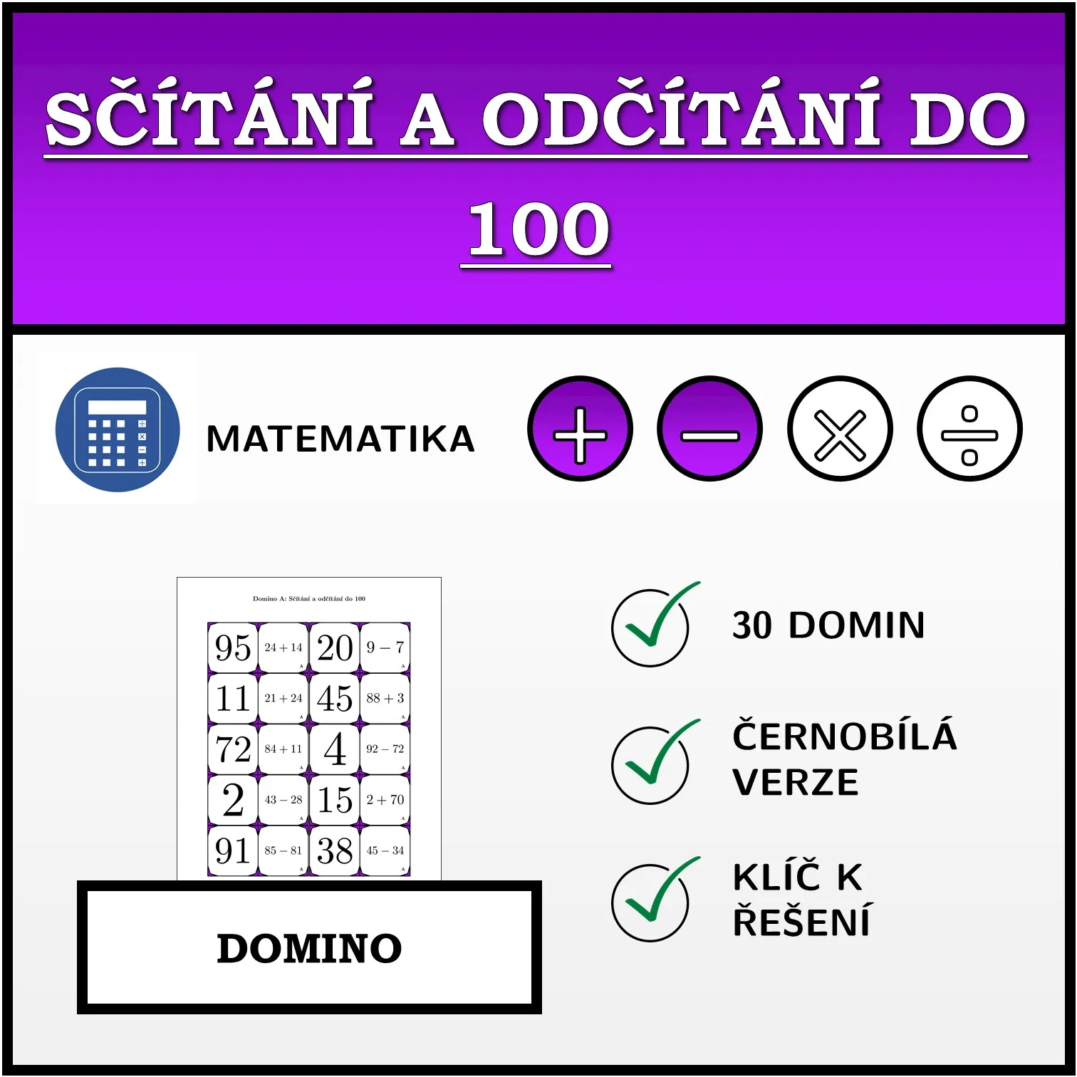 Domino: Sčítání a odčítání do 100