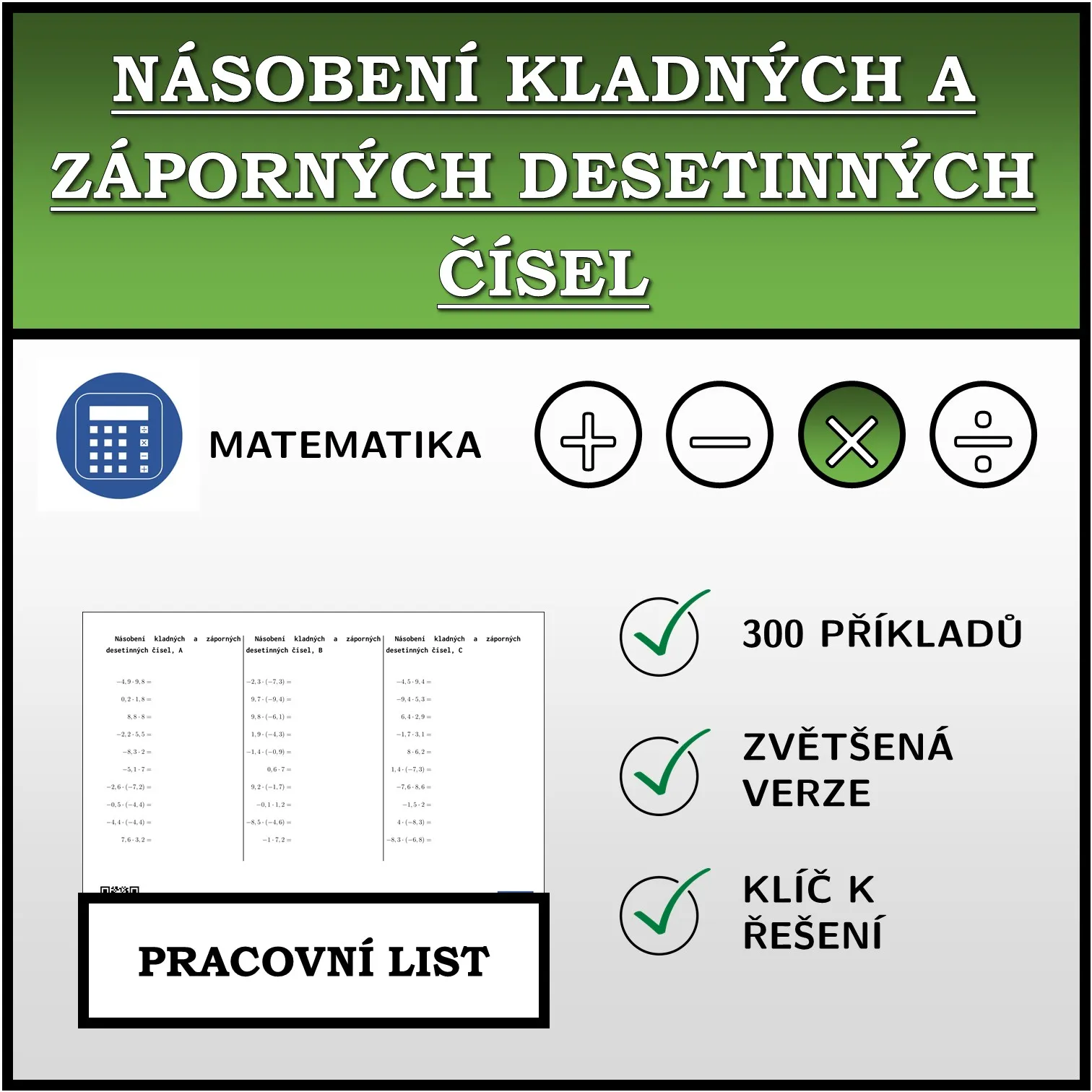 Pracovní list: Násobení kladných a záporných desetinných čísel