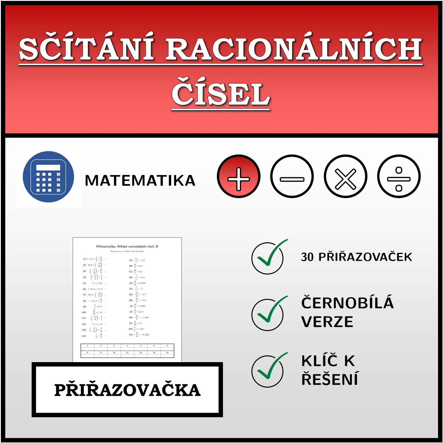 Přiřazovačka: Sčítání racionálních čísel