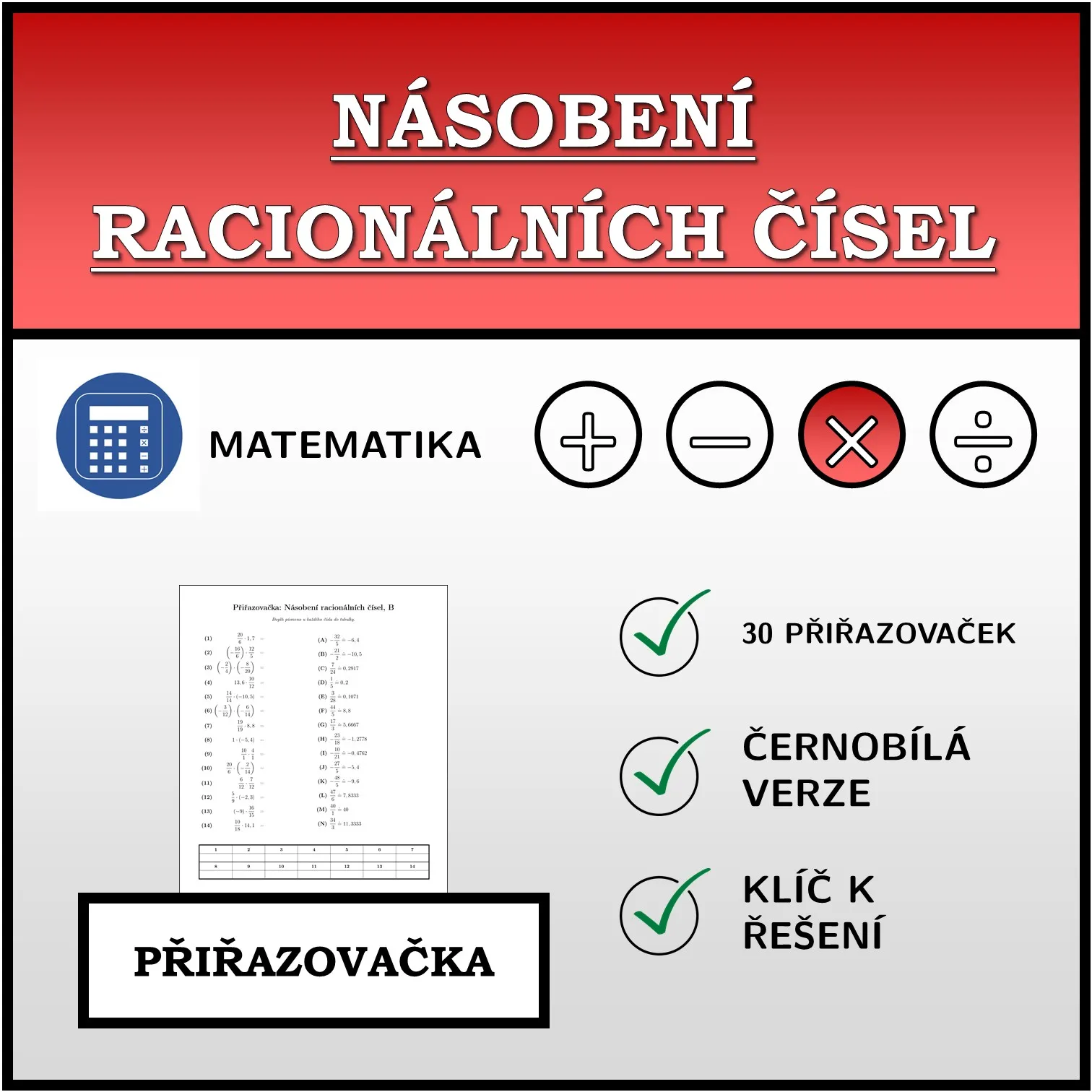 Přiřazovačka: Násobení racionálních čísel