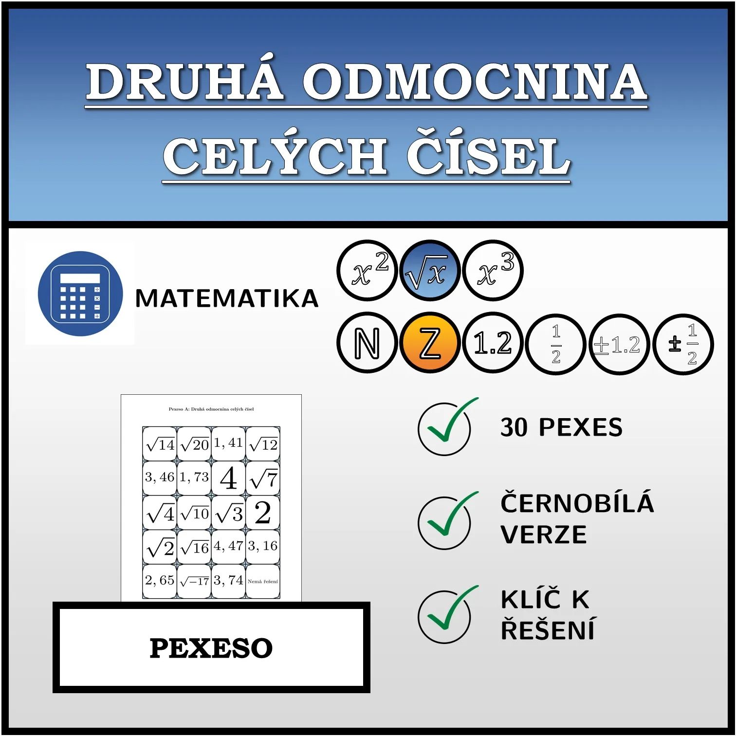 Pexeso: Druhá odmocnina celých čísel