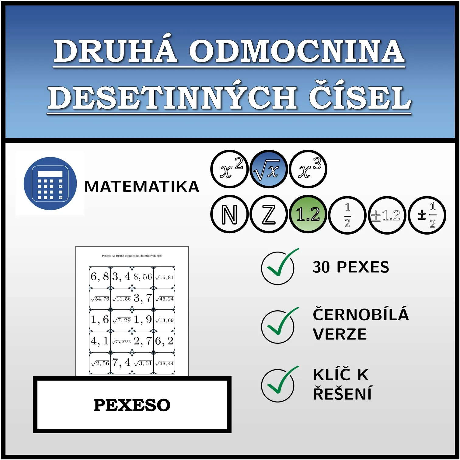 Pexeso: Druhá odmocnina desetinných čísel