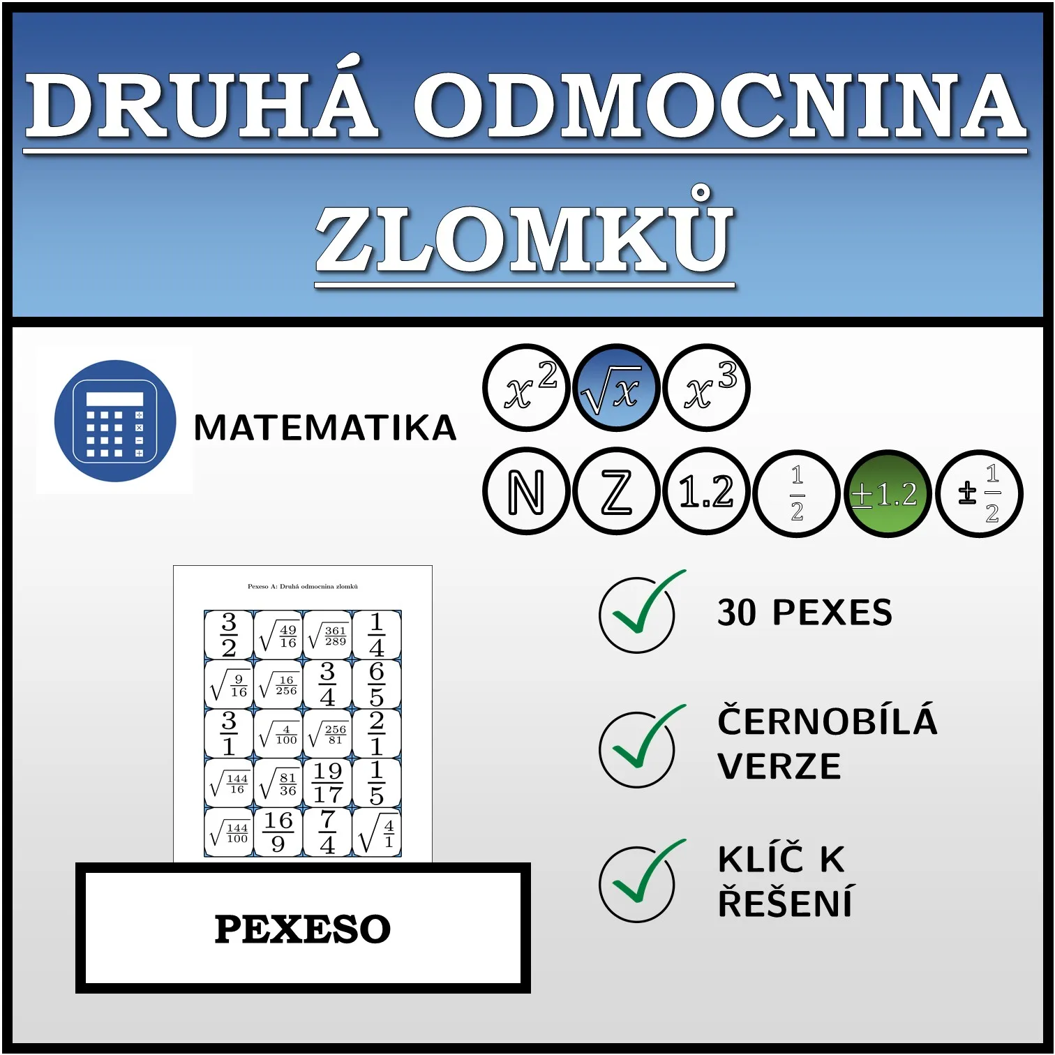 Pexeso: Druhá odmocnina zlomků