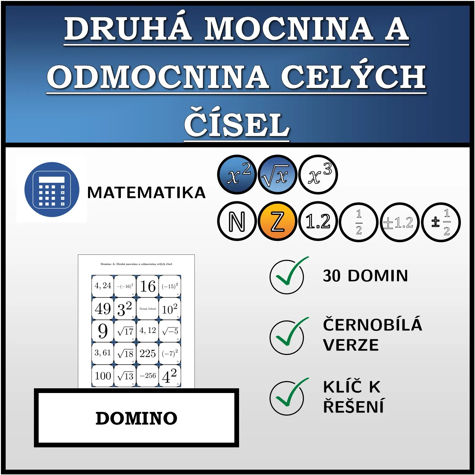 Domino: Druhá mocnina a odmocnina celých čísel
