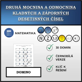 Domino: Druhá mocnina a odmocnina kladných a záporných desetinných čísel