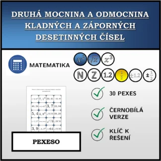 Pexeso: Druhá mocnina a odmocnina kladných a záporných desetinných čísel
